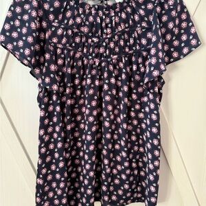 LOFT Navy and Pink Floral Blouse